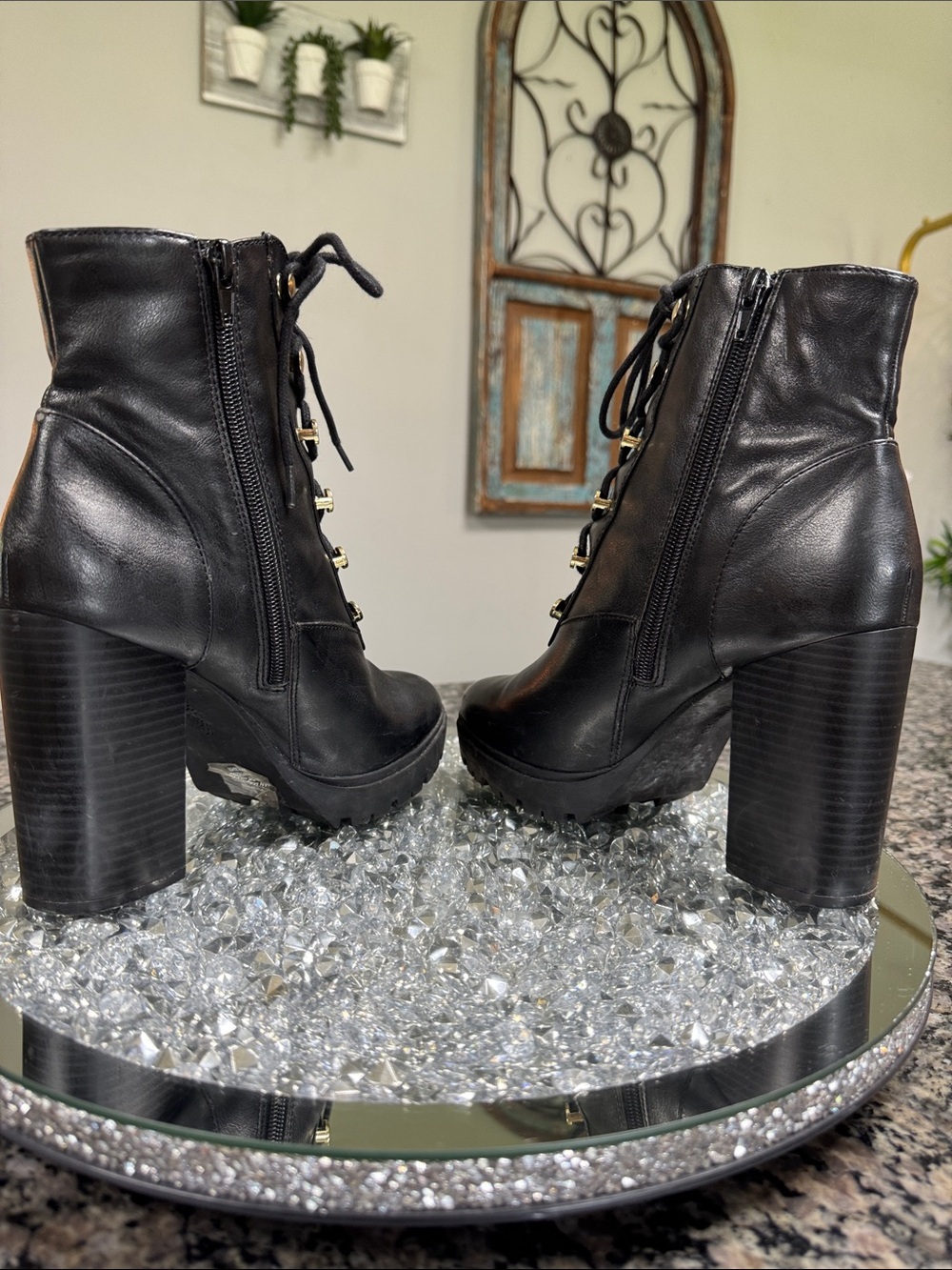Express Black Lace-Up Platform Ankle Boots with Gold Hardware - Picture 10 of 16